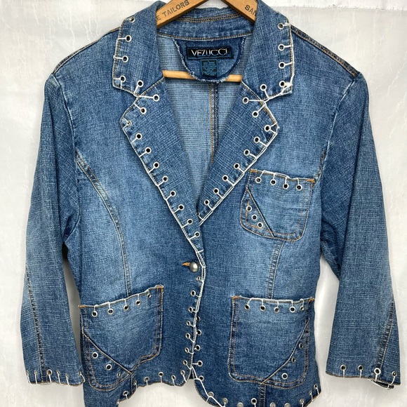 Jackets & Blazers - Vintage Vezucci Blue Jean Denim Jacket Women's Size Large White Rope Western